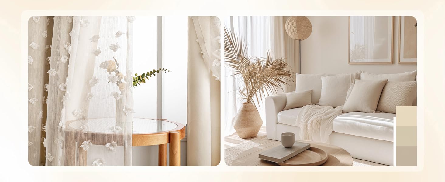MYSKY HOME Beige Pom Pom Sheer and White Curtains