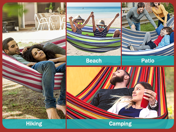 Text reads 'Beach', 'Patio', 'Hiking', 'Camping'. Identical to Image 2 - collage of striped hammocks in various outdoor settings.