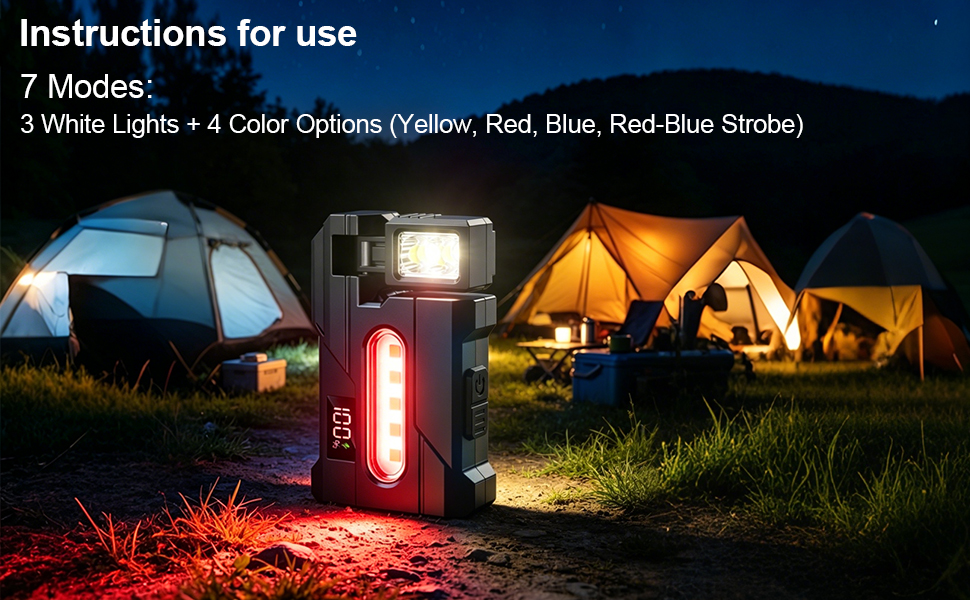 Text reads 'Instructions for use 7 Modes 4 Colors (Yellow, Red, Blue, Red Blue Strobe)'. Image displays vertical red camping lanterns in tent and campfire settings with different lighting modes.