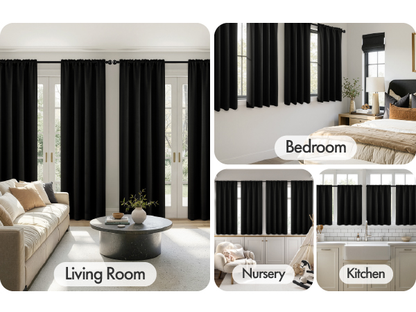 4 Panel Set Black Blackout Curtains Rod Pocket Room Darkening Window Curtains Bedroom Living Room