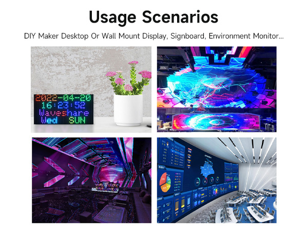 Four images showcasing LED display usage: desktop signboard, colorful environment projection, futuristic tunnel, and data visualization wall.