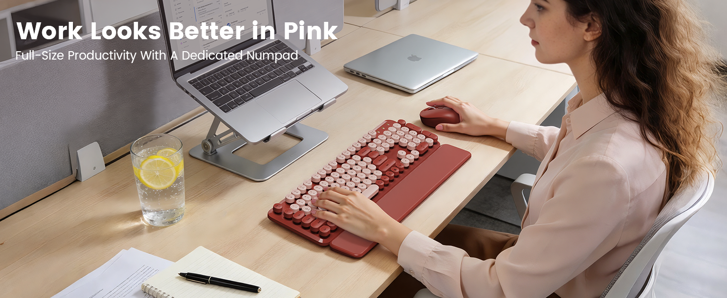Wine red wireless keyboard mouse combo on desk with laptop stand wrist rest for daily work