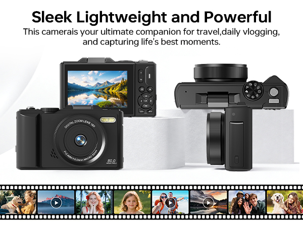 Text reads 'Sleek Lightweight and Powerful', 'The camera your ultimate companion for travel days and capturing life's best moments.' Black camera equipment displayed with compact camera body and multiple accessories shown.