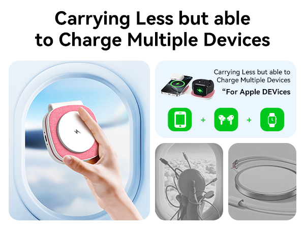 Text reads: 'Carrying Less but able to Charge Multiple Devices', 'For Apple DEVices'. Product shows a white wireless charging pad with icons indicating compatibility with multiple Apple devices.