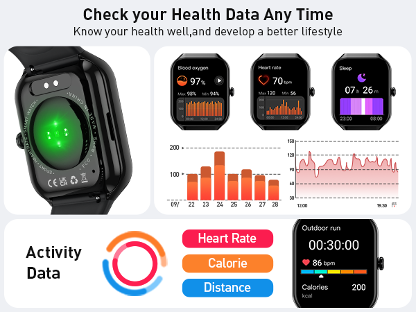 Smart fitness watch interface displaying health metrics including heart rate, calories, and activity data with multiple screen views and graphical charts.