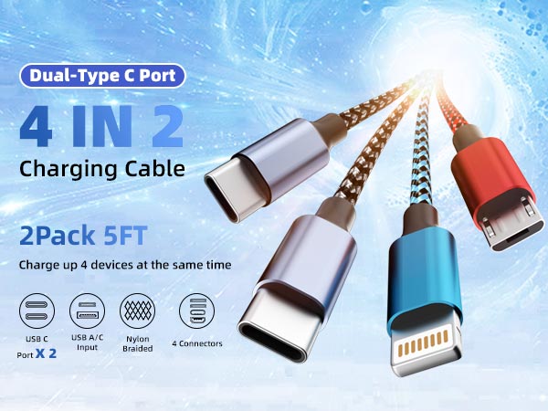 Dual Type-C Port 4 IN 2 Charging Cable 2Pack 5FT