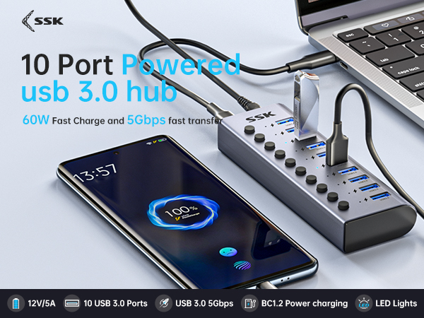 10 in 1 usb 3.0 hub powered 60W fast charge and 5gbps fast transfer