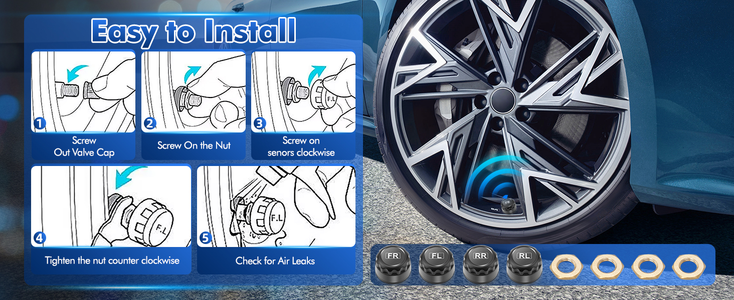 Car wheel with alloy rim and blue brake caliper. Installation guide shows steps to attach wheel locks. Set of wheel lock nuts and washers displayed.