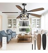 Ceiling Fans with Lights and Remote, 52'' Vintage Caged Ceiling Fan with Light, 5 Blades, 6+1 Spe...