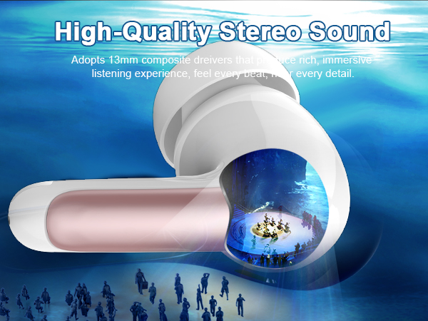 Cross-section diagram of wireless earbud featuring 13mm composite driver, highlighting stereo sound capabilities with blue background and internal component visualization.