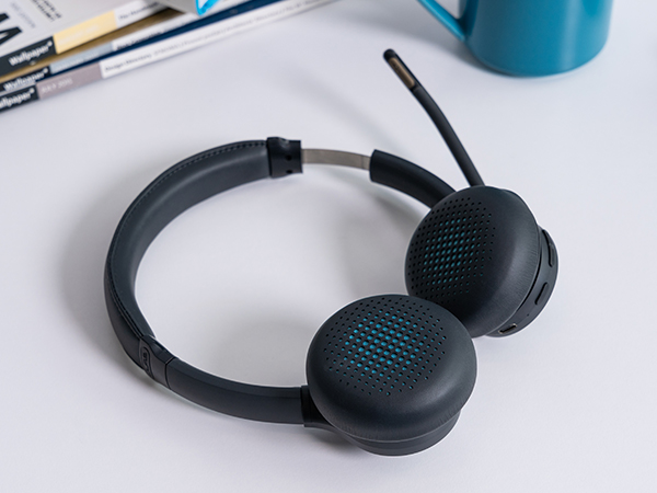 Close up of go work headset on a white desk