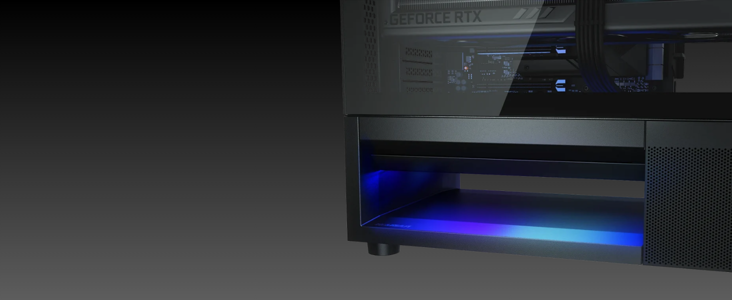 An unobtrusive internal ARGB light strip illuminates the central vent with modern flair.