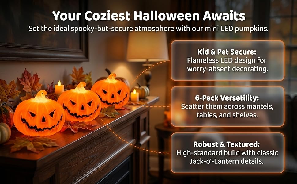 6 Pcs Mini LED Jack-o&amp;#39;-Lantern Pumpkin Lanterns, Light Up Halloween Pumpkin Lights with Spooky Face