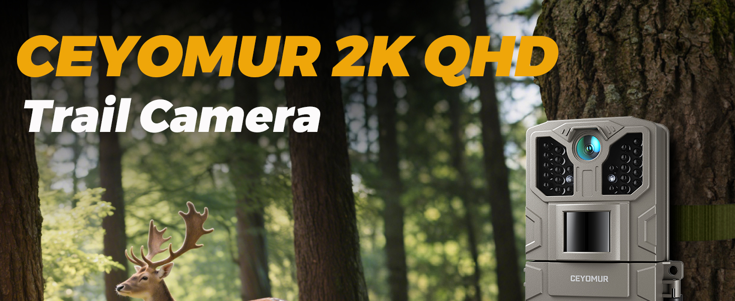 Text reads 'CEYOMUR 2K QHD' and 'Trail Camera'. Forest scene with trail camera mounted on tree, showing product in outdoor setting.