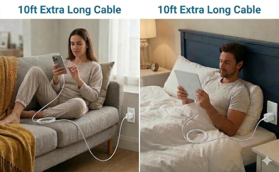 10ft Extra Long USB C Cable for Bed and Couch, 2 Pack 10 Foot Type C Charger Cord for iPhone iPad