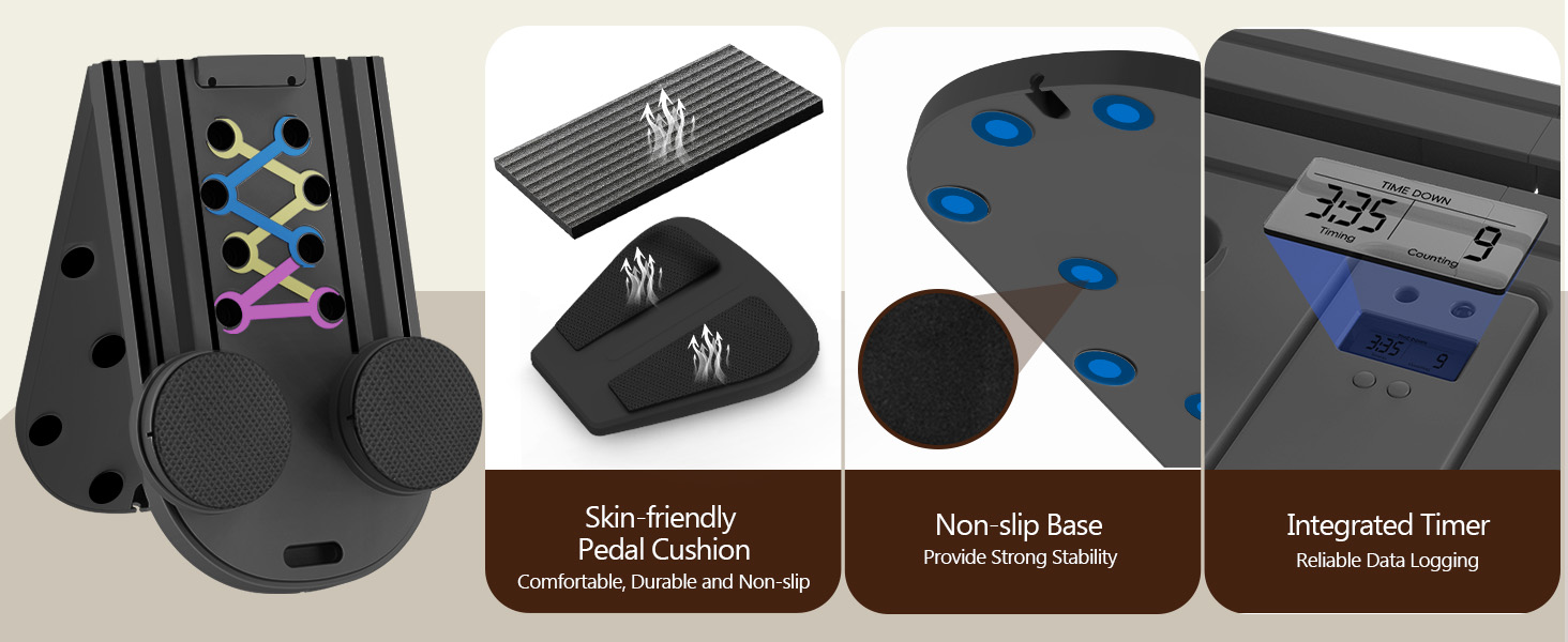 DQI pilates board features cushioned pedals, non-slip base and an integrated workout timer