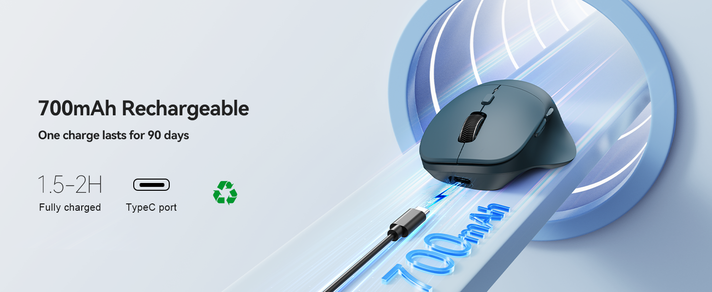 Text reads '700mAh Rechargeable' with battery specifications including charge time and recyclable symbol. Blue helmet shown with charging cable graphic.