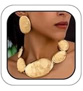 Chunky Gold Statement Necklace Earrings for Women Silver Hammered Oval Gift | Funky Thick Gold Ov...