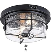 CALOKES Motion Sensor Outdoor Flush Mount Ceiling Light - Sleek Round Exterior with Seeded Clear ...