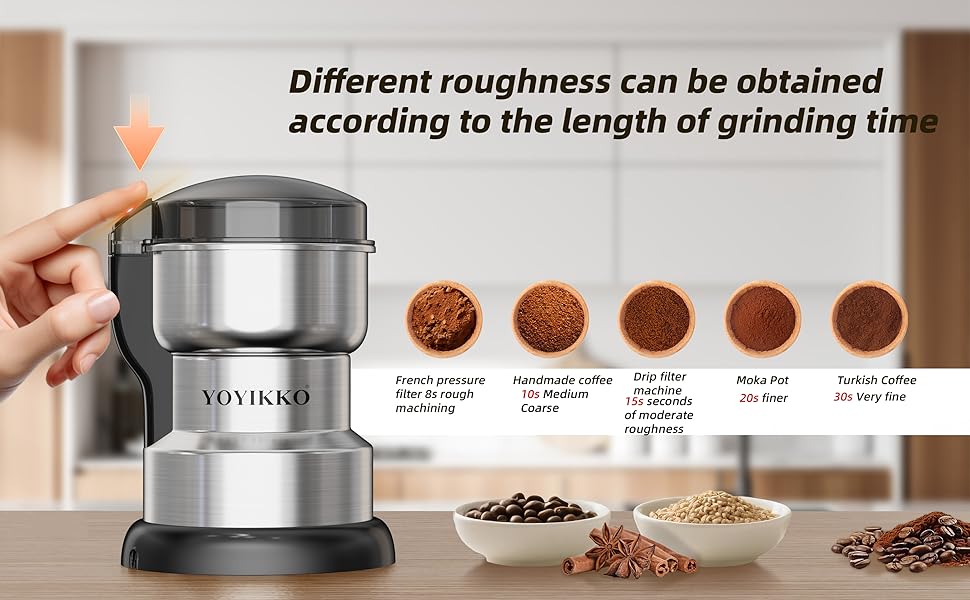 Text reads 'Different roughness can be obtained according to the length of grinding time'. Series of images showing coffee grounds at different coarseness levels with stainless steel grinder.