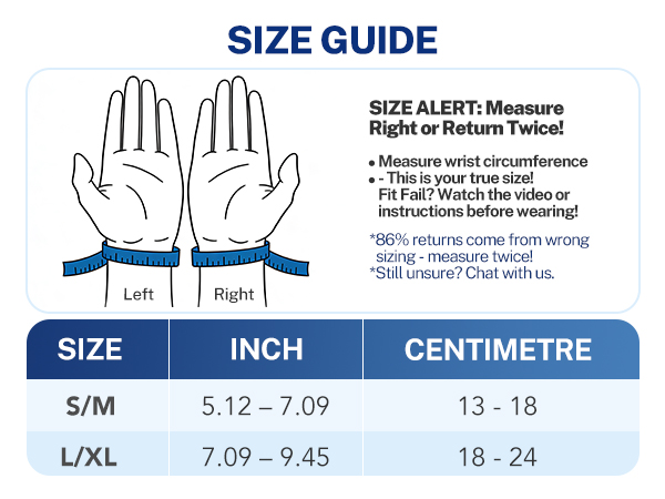 Text reads 'SIZE GUIDE' showing hand measurement diagrams and size chart. Table displays S/M: 5.12-7.09 inches (13-18 cm) and L/XL: 7.09-9.45 inches (18-24 cm).
