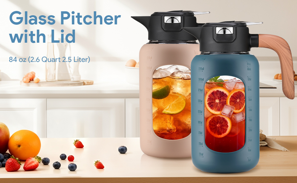 Glass Pitcher with Lid and Handle, Glass Carafe/Jug for Hot/Cold Water, Large Iced Tea Pitcher