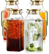 4 Pack 2 Liter/68 oz Square Glass Pitcher with Lid, Classic Stripes Water Pitchers with Handle fo...