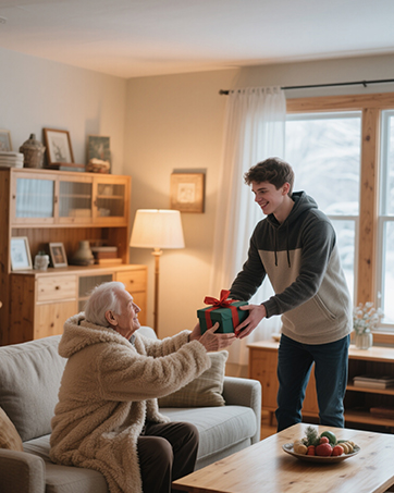 Indoor scene showing caregiving activity in a home setting with warm lighting and comfortable furniture.