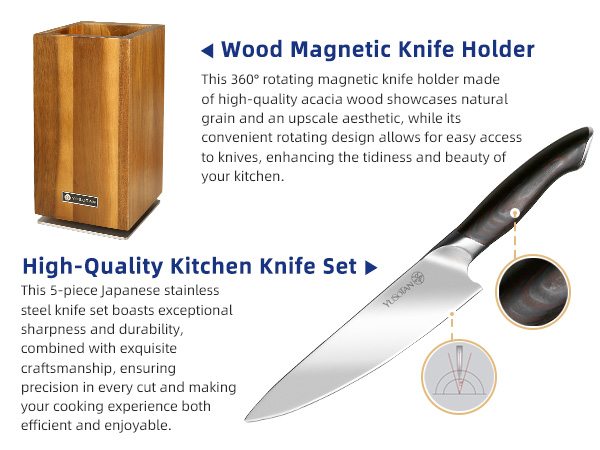 kitchen knife set with a wooden magnetic knife holder