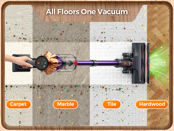 All floors one vacuum: strong suction cleans carpet, marble, tile and hardwood effortlessly