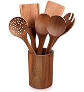 Acacia Wood Utensils Set with Holder 7Pcs,Nonstick Wooden Kitchen Utensil Set,Wooden Spoon Set in...