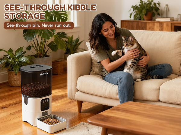 Pet feeder with transparent kibble storage for easy level monitoring.