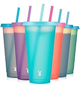 Meoky 6 Pack Plastic Cold Cups with Lids and Straws for Iced Coffee | 24 oz | Color Changing | Re...
