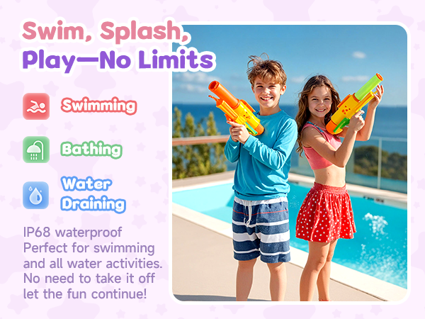 Waterproof product advertisement featuring a pool scene. Text highlights swimming, bathing, and water draining capabilities. IP68 waterproof rating mentioned. Product allows continuous use in water activities.