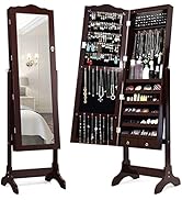 Giantex 14 LEDs Mirror Jewelry Cabinet with lock and key, Lockable Standing Jewelry Armoire with ...