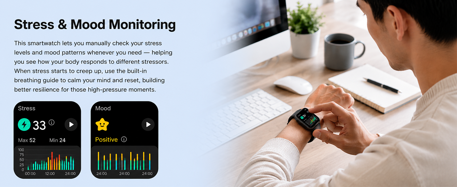 Smartwatch lets you check stress and mood. Use breathing guide to reset when high-pressure moments.