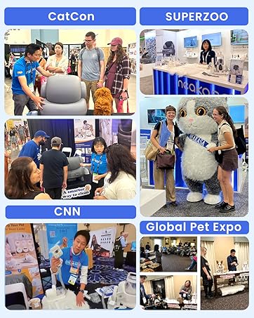 Composite image of pet industry trade shows. Booths and displays for CatCon, Superzoo, CNN, and Global Pet Expo. People interacting at various stands, including a mascot at Superzoo.