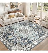 ELLIUNE 8x10 Washable Area Rugs for Living Room: Non Slip Vintage Blue Yellow Rug, Large Soft Sta...