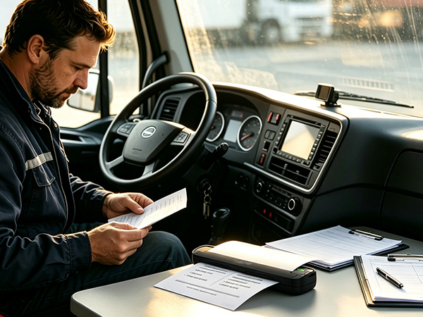 Truck driver uses the ST80A mobile printer to print forms, schedules, documents inside a truck cab