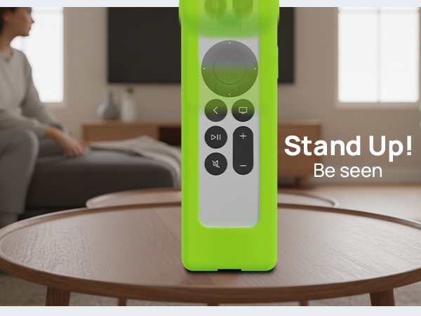 Siri Remote with GripStand case standing upright on table, easy to find in living room