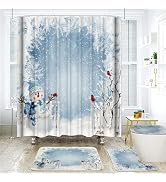 Onalasyc 4-Piece Christmas Shower Curtain Set, Winter Christmas Tree Cute Blue Snowman Holiday Me...