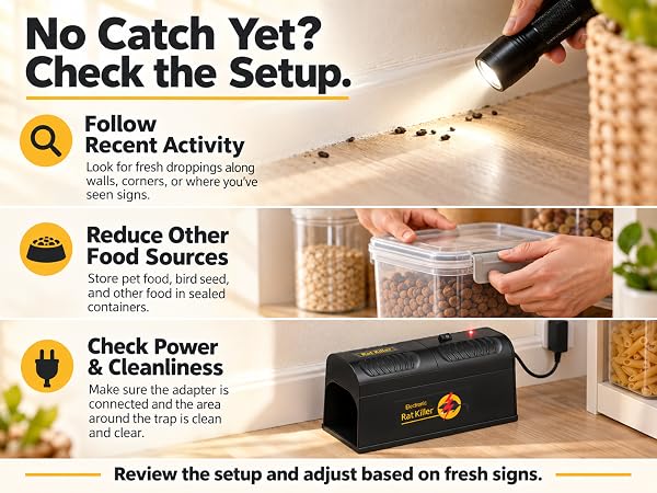 Three setup checks show rodent routes, sealed food containers and trap power and cleanliness.