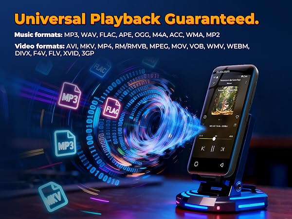 Globluum MP3 player on a stand with animated icons showing support for many music and video formats.