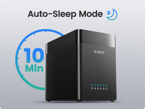Black electronic device with auto-sleep mode feature, activating after 10 minutes, displayed with blue circular timer graphic.