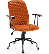 COSTWAY Ergonomic Home Office Chair, Upholstered Velvet Leisure Office Chair with Rubber Wood Arm...