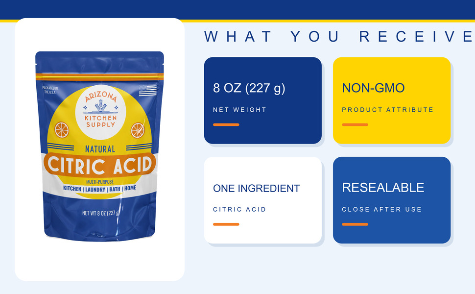 8 oz Non-GMO citric acid pouch with one ingredient, fine granules, and resealable closure.