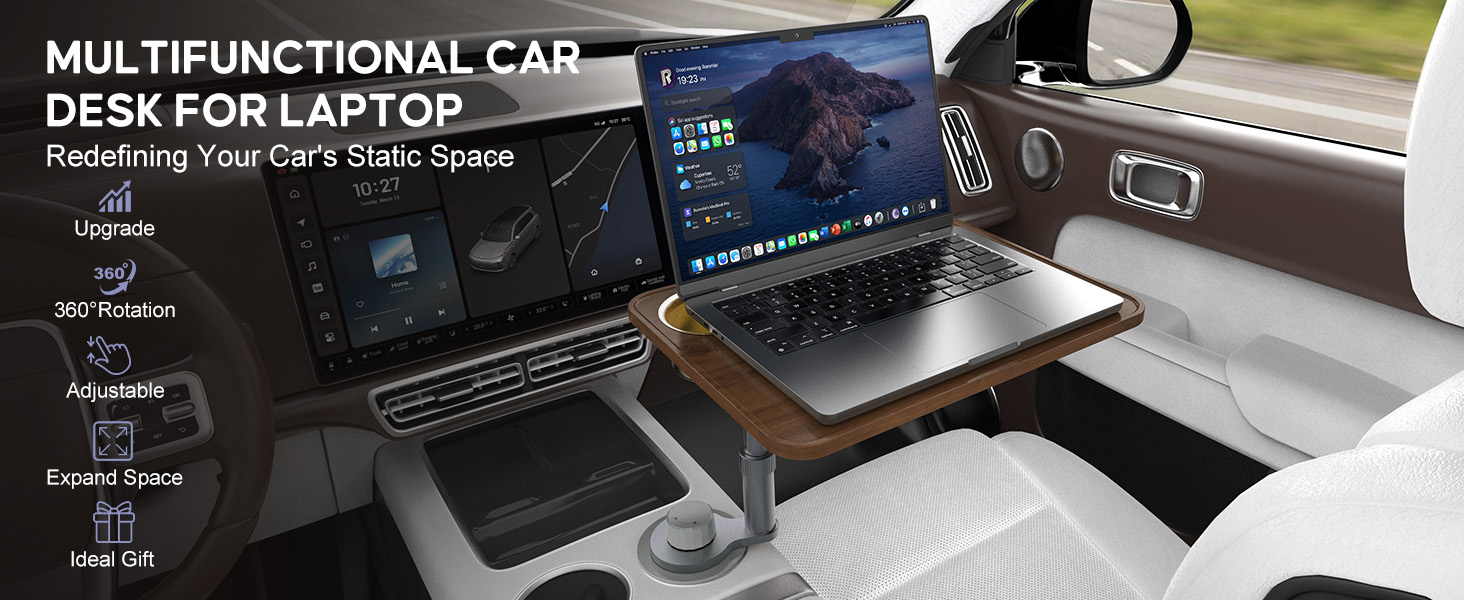 Car Desk Car Tray for Laptop &amp;amp; Food, Wooden Cup Holder Table with Adjustable Height