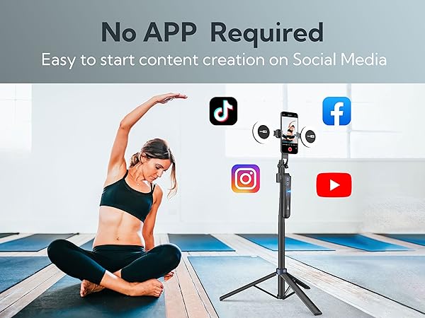 Smartphone on tripod displaying social media app icons, with person stretching on yoga mat. Text: 'No APP Required, Easy to start content creation on Social Media'.