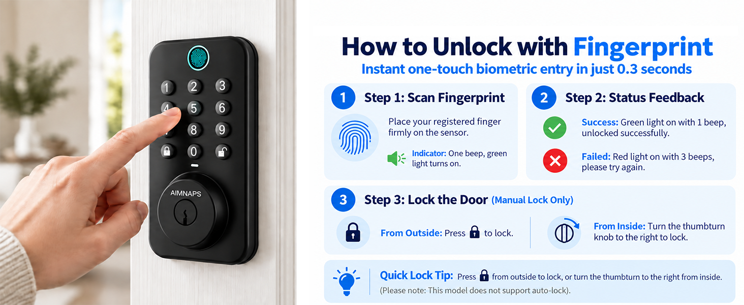 biometric fingerprint deadbolt lock 0.3s quick scan one touch unlocking