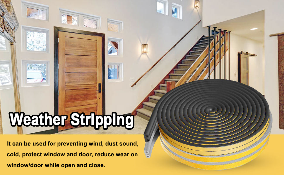 Black foam weather stripping tape roll with yellow adhesive edge, shown with text describing its use for windows and doors to prevent wind and dust.